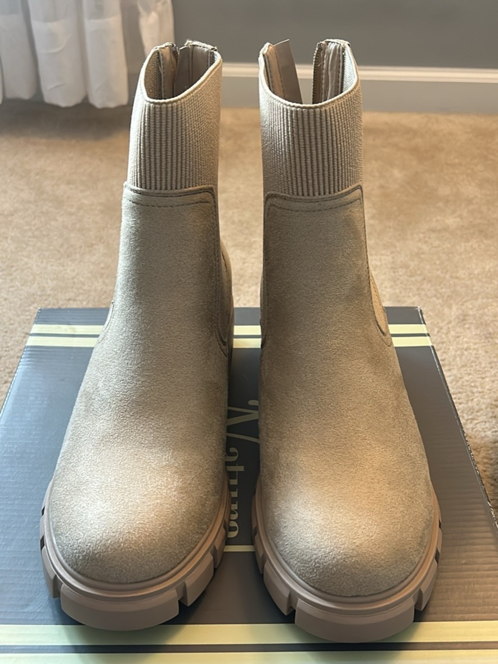 Natural Reflections Taupe Suede Ankle Booties with Ribbed Shaft